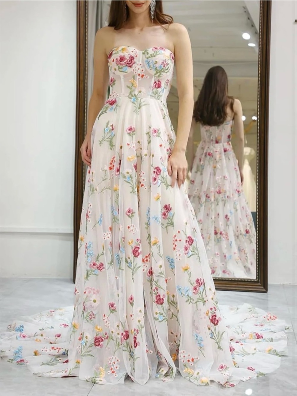 Strapless Floral A-Line Maxi Dress in Ivory
